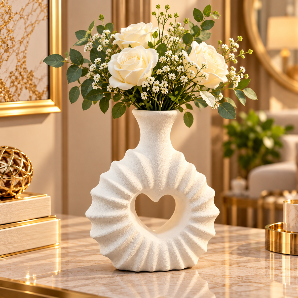WHITE HEART SHAPE OPEN CENTER RIBBED DECORATIVE VASE - SMALL