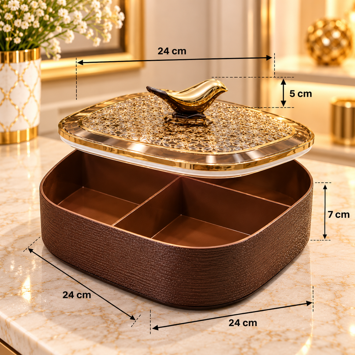 LUXURY BROWN & GOLD 4 COMPARTMENT DRY FRUIT BOX WITH BIRD HANDLE LID