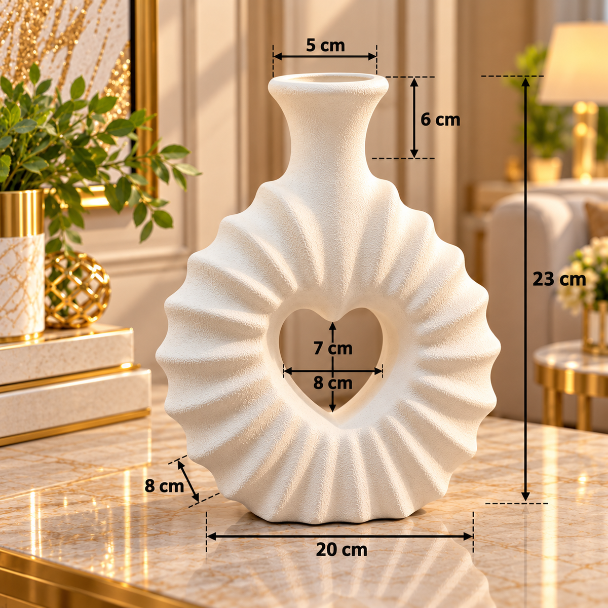 WHITE HEART SHAPE RIBBED TEXTURE DECORATIVE VASE - LARGE