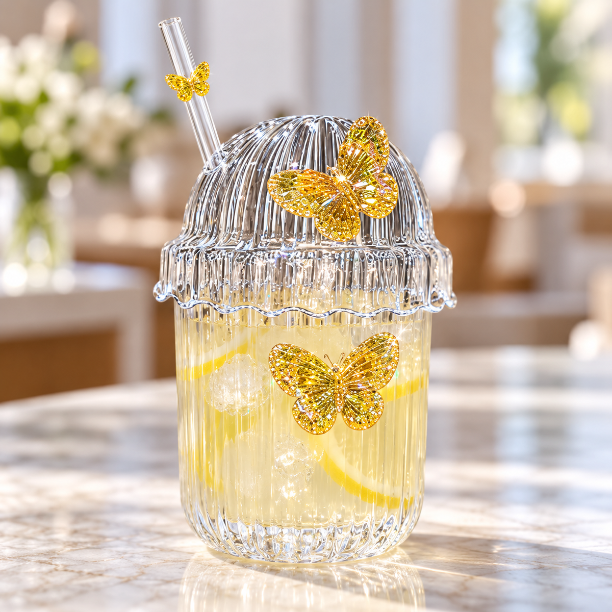 Glasslux Ribbed Butterfly Dome Cup With Straw - Orange / 400 ml
