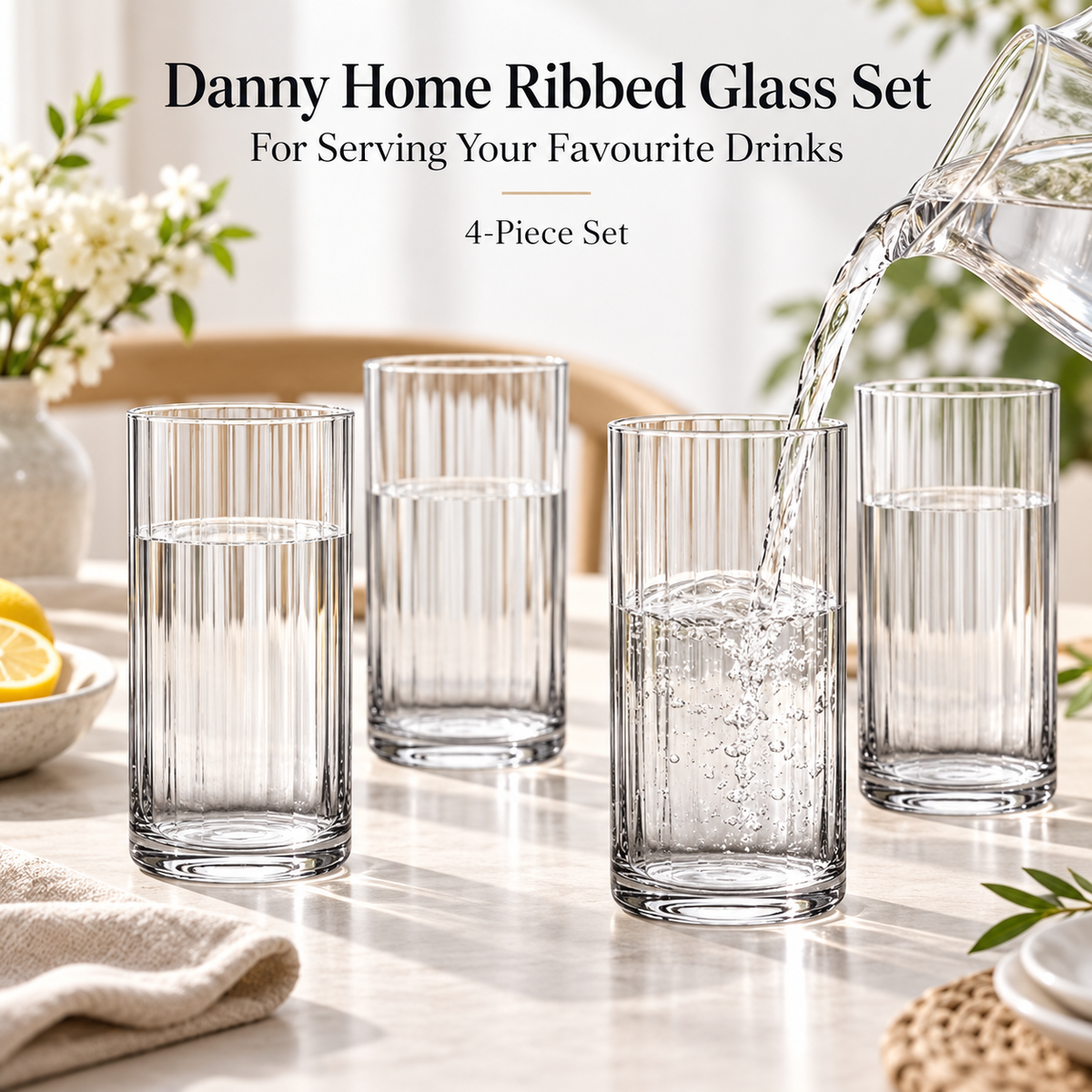 Danny Home 4 Piece Ribbed Glass Set - 520 ml