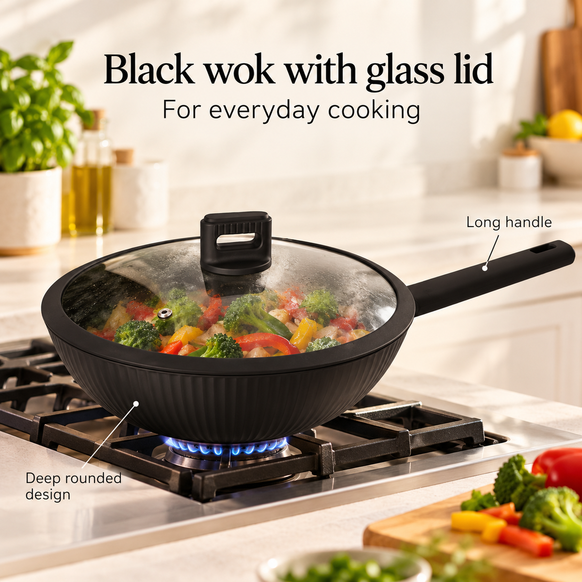 Danny Home Black Wok With Glass Lid