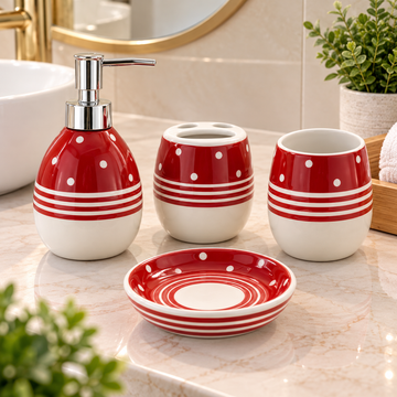 RED & WHITE POLKA DOT CERAMIC BATHROOM ACCESSORY SET