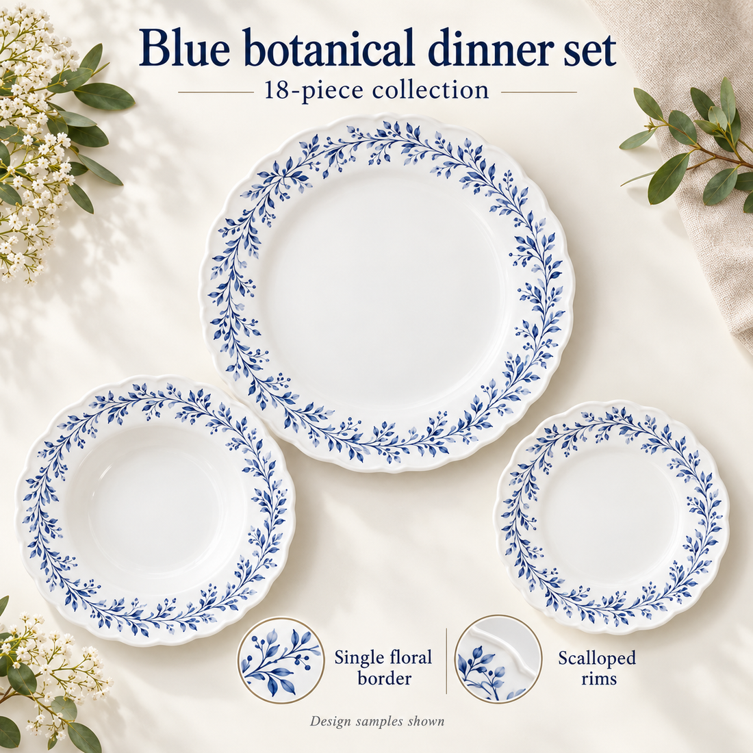 Danny Home 18-Piece Blue Botanical Dinner Set