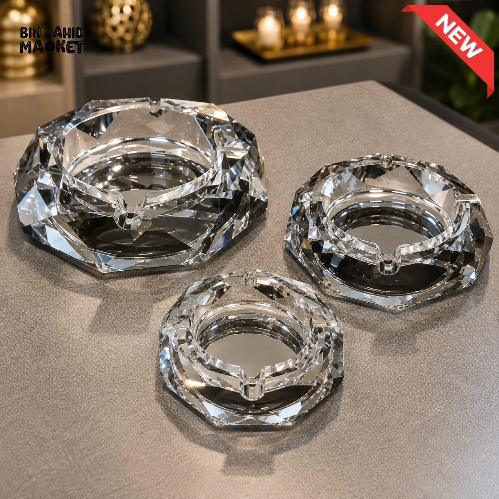 FACETED CRYSTAL GLASS ASHTRAY SET - LARGE