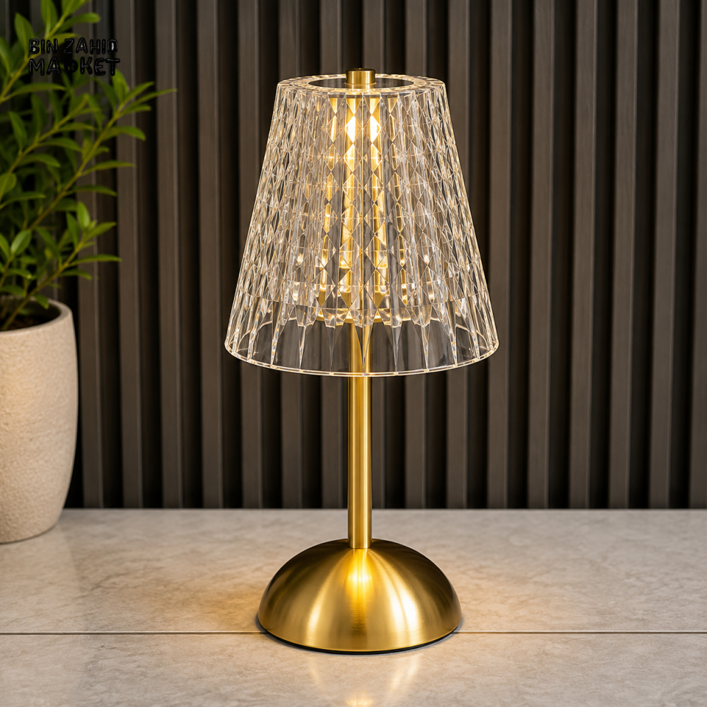 FACETED CRYSTAL SHADE LED TABLE LAMP WITH GOLDEN BASE