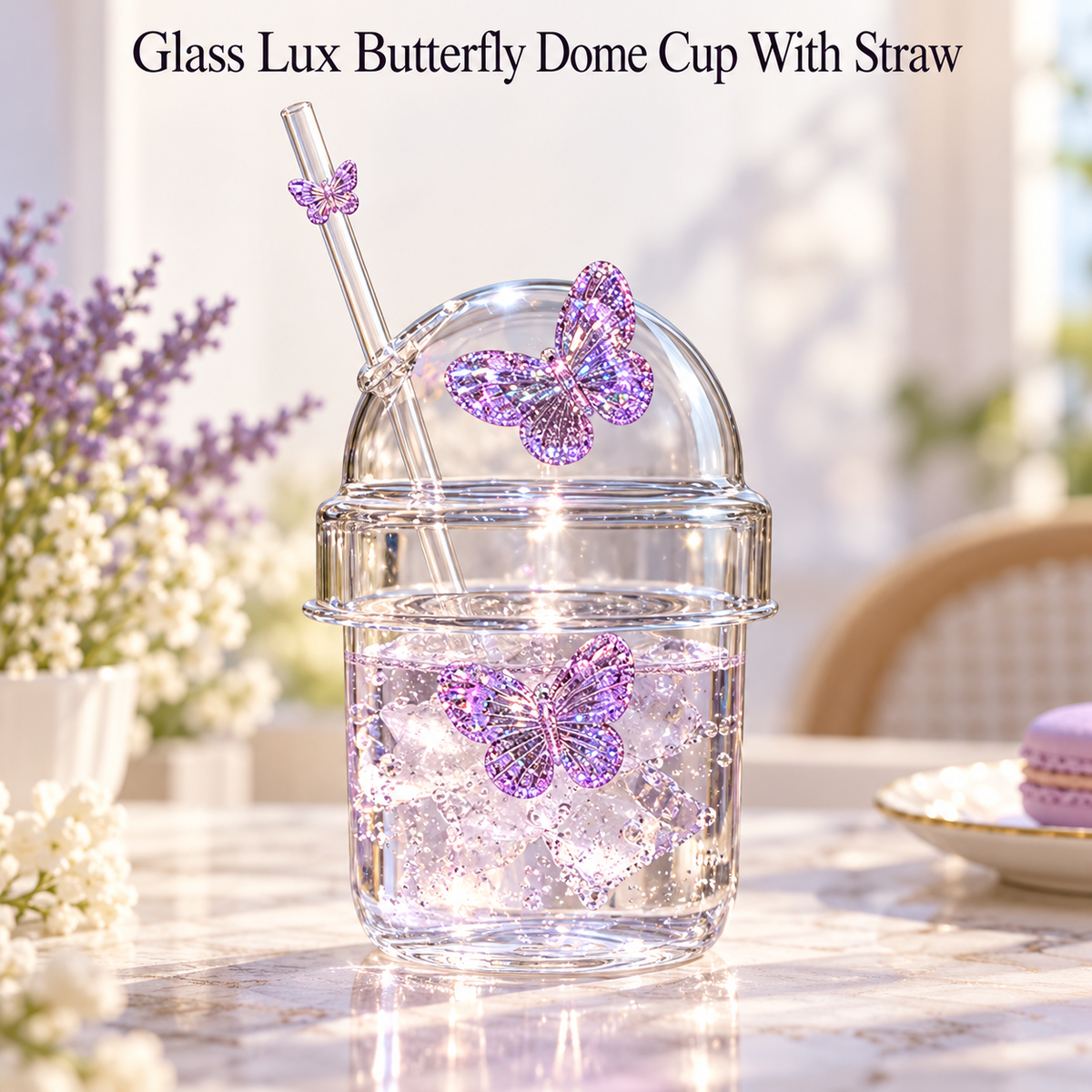 Glasslux Butterfly Dome Cup With Straw - Purple / 400 ml
