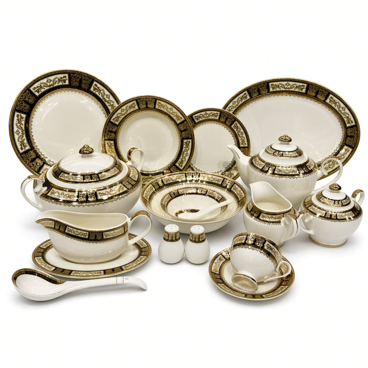 Yamasen Japan Inspired Black Ornate Gold Plated Porcelain Dinner Set