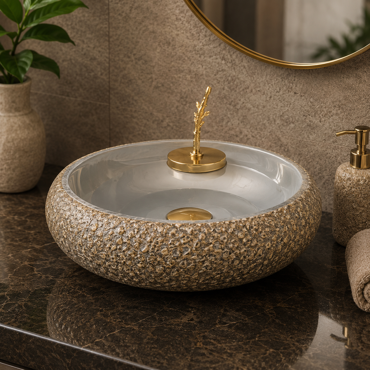 LUXURY ROUND STONE TEXTURE COUNTERTOP WASH BASIN