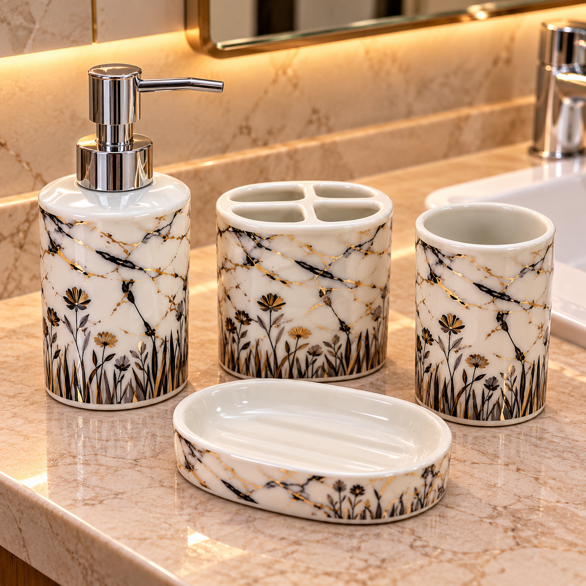 WHITE BLACK & GOLD MARBLE FLORAL DESIGN CERAMIC BATHROOM ACCESSORY SET