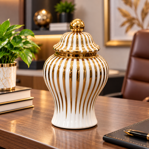 WHITE & GOLD STRIPED DECORATIVE JAR WITH LID - SMALL