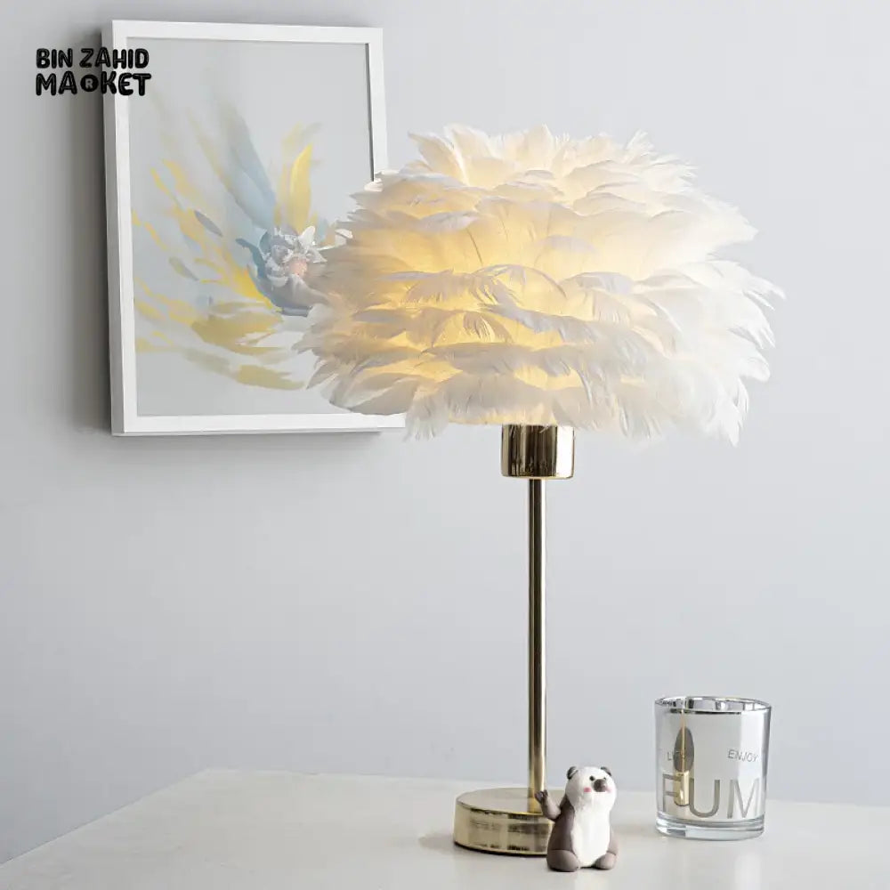 FEATHER TABLE LAMP WITHOUT LED LIGHT – GOLD BASE BEDROOM BEDSIDE DECOR LIGHTING