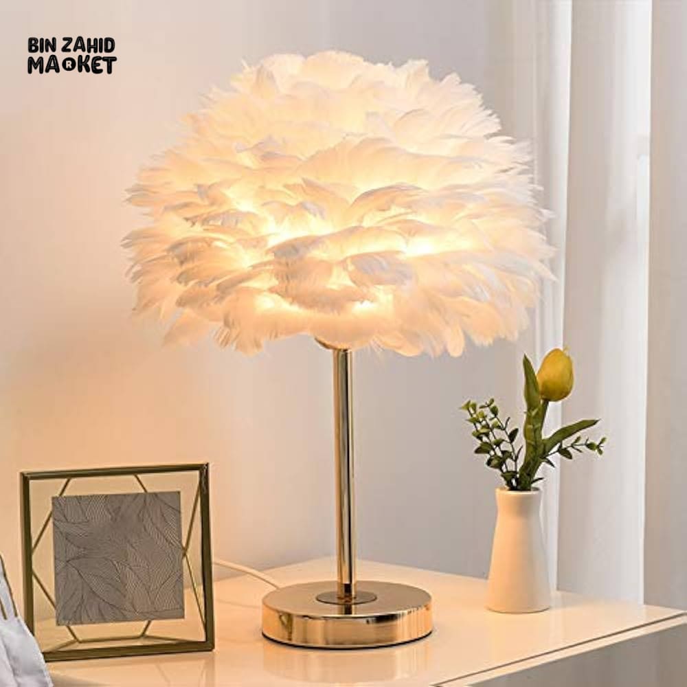 FEATHER TABLE LAMP WITHOUT LED LIGHT – GOLD BASE BEDROOM BEDSIDE DECOR LIGHTING