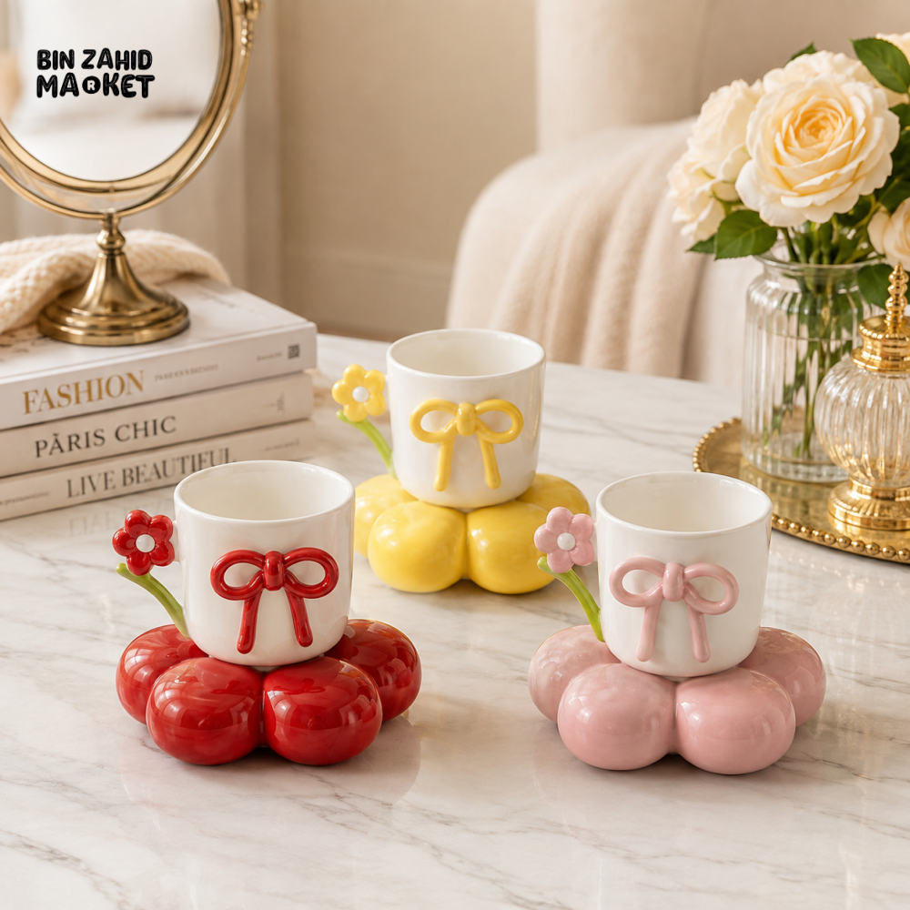 FLORAL BOW CERAMIC CUP & SAUCER - 1 PIECE