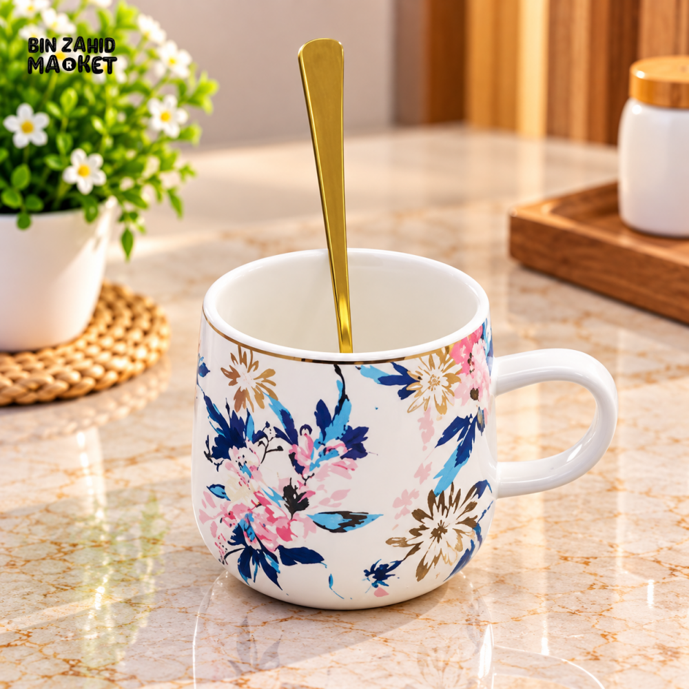 FLORAL CERAMIC COFFEE MUG WITH GOLD SPOON - Mugs