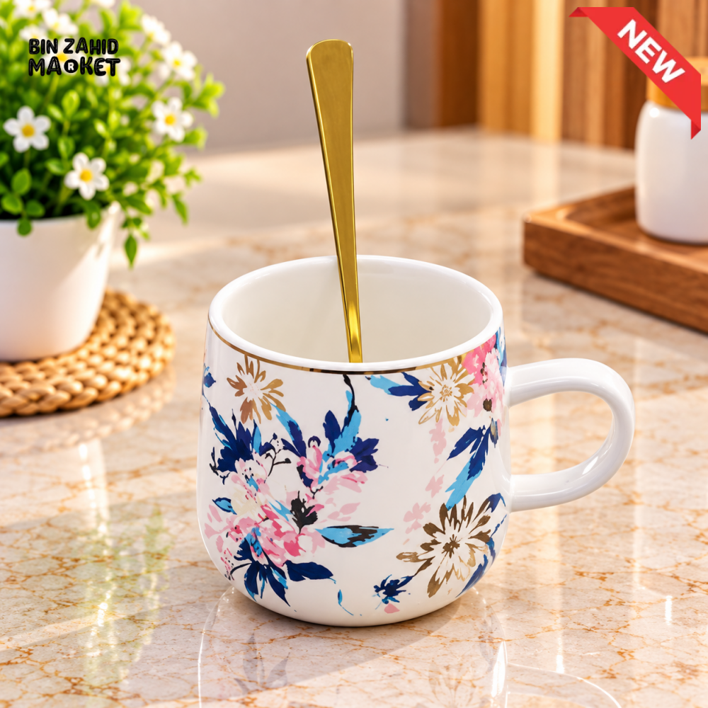FLORAL CERAMIC COFFEE MUG WITH GOLD SPOON - Mugs