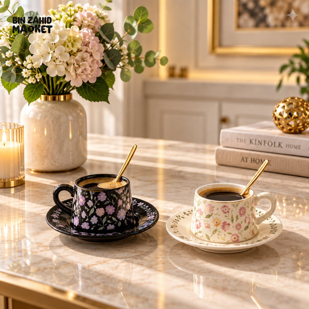FLORAL CERAMIC TEA CUPS WITH SAUCERS SET