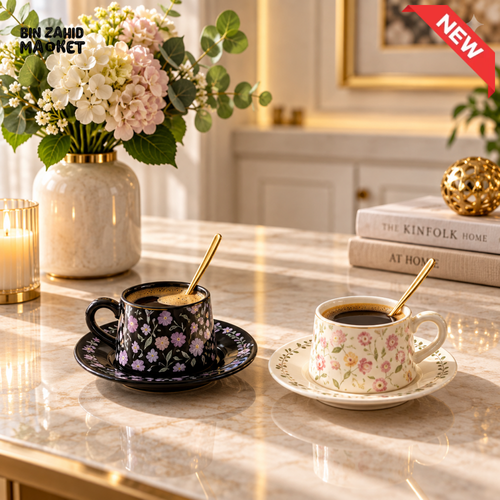 FLORAL CERAMIC TEA CUPS WITH SAUCERS SET