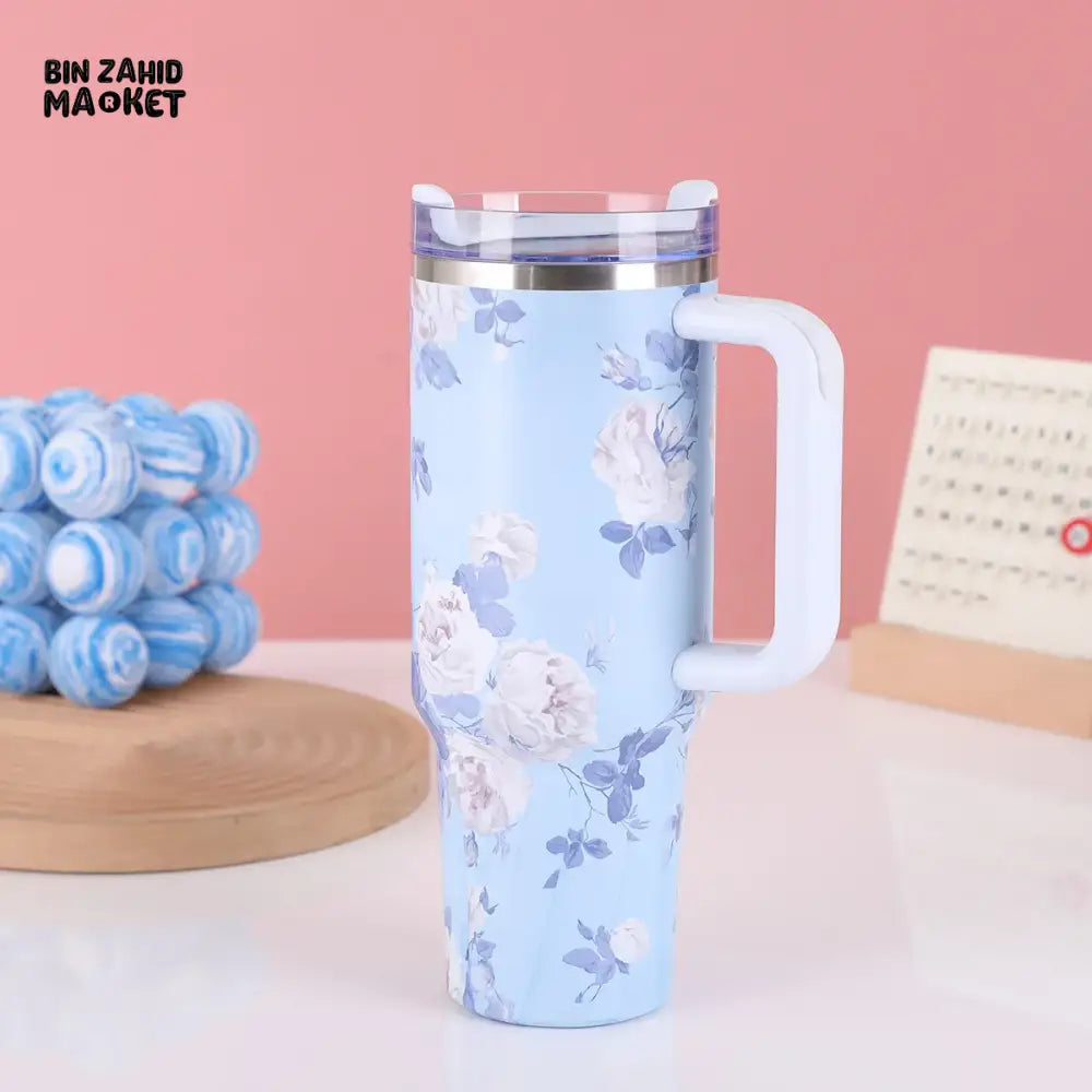 FLORAL LARGE CAPACITY TRAVEL TUMBLER 40 OZ– VACUUM INSULATED 304 STAINLESS STEEL WATER BOTTLE PORTABLE ICE KING CAR CUP FOR HOT & COLD BEVERAGES - BLUE