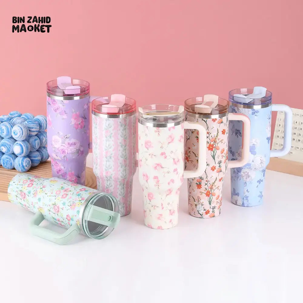 FLORAL LARGE CAPACITY TRAVEL TUMBLER 40 OZ– VACUUM INSULATED 304 STAINLESS STEEL WATER BOTTLE PORTABLE ICE KING CAR CUP FOR HOT & COLD BEVERAGES - BLUE
