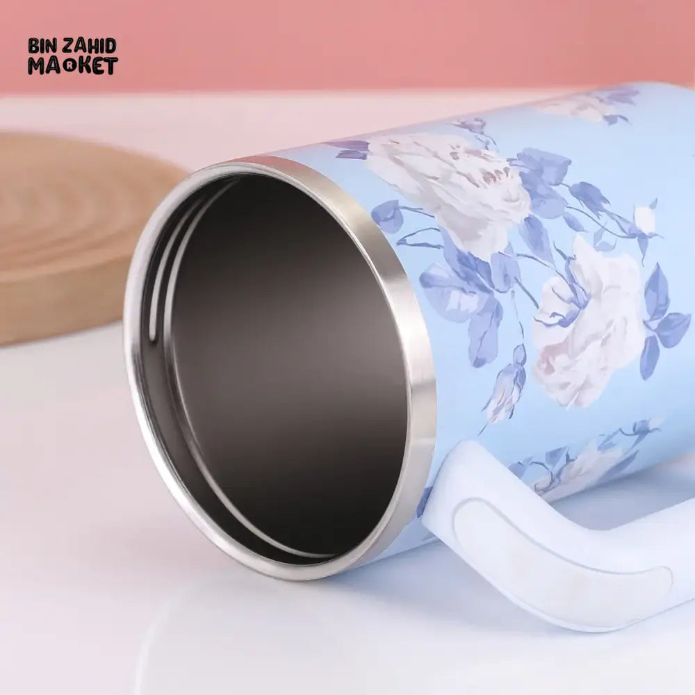 FLORAL LARGE CAPACITY TRAVEL TUMBLER 40 OZ– VACUUM INSULATED 304 STAINLESS STEEL WATER BOTTLE PORTABLE ICE KING CAR CUP FOR HOT & COLD BEVERAGES - BLUE