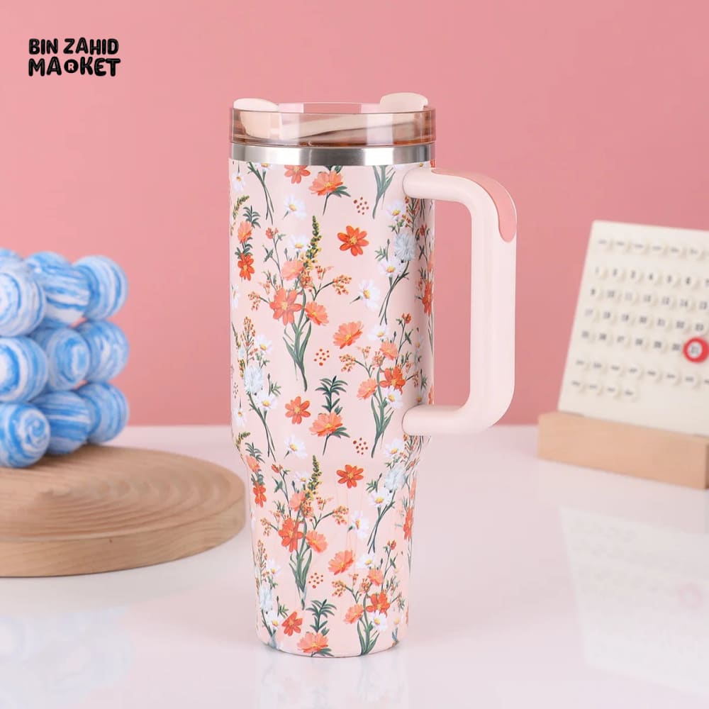 FLORAL LARGE CAPACITY TRAVEL TUMBLER 40 OZ– VACUUM INSULATED 304 STAINLESS STEEL WATER BOTTLE PORTABLE ICE KING CAR CUP FOR HOT & COLD BEVERAGES - PEACH FLORAL