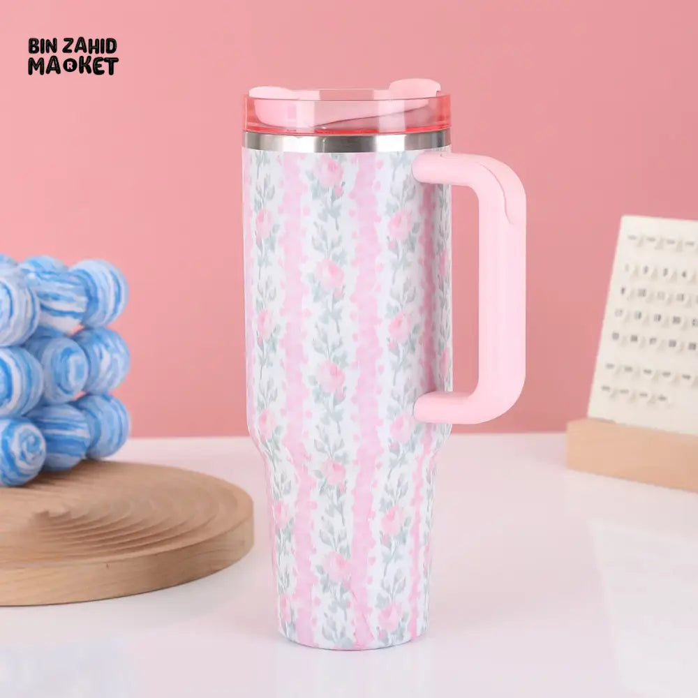 FLORAL LARGE CAPACITY TRAVEL TUMBLER 40 OZ– VACUUM INSULATED 304 STAINLESS STEEL WATER BOTTLE PORTABLE ICE KING CAR CUP FOR HOT & COLD BEVERAGES - PINK