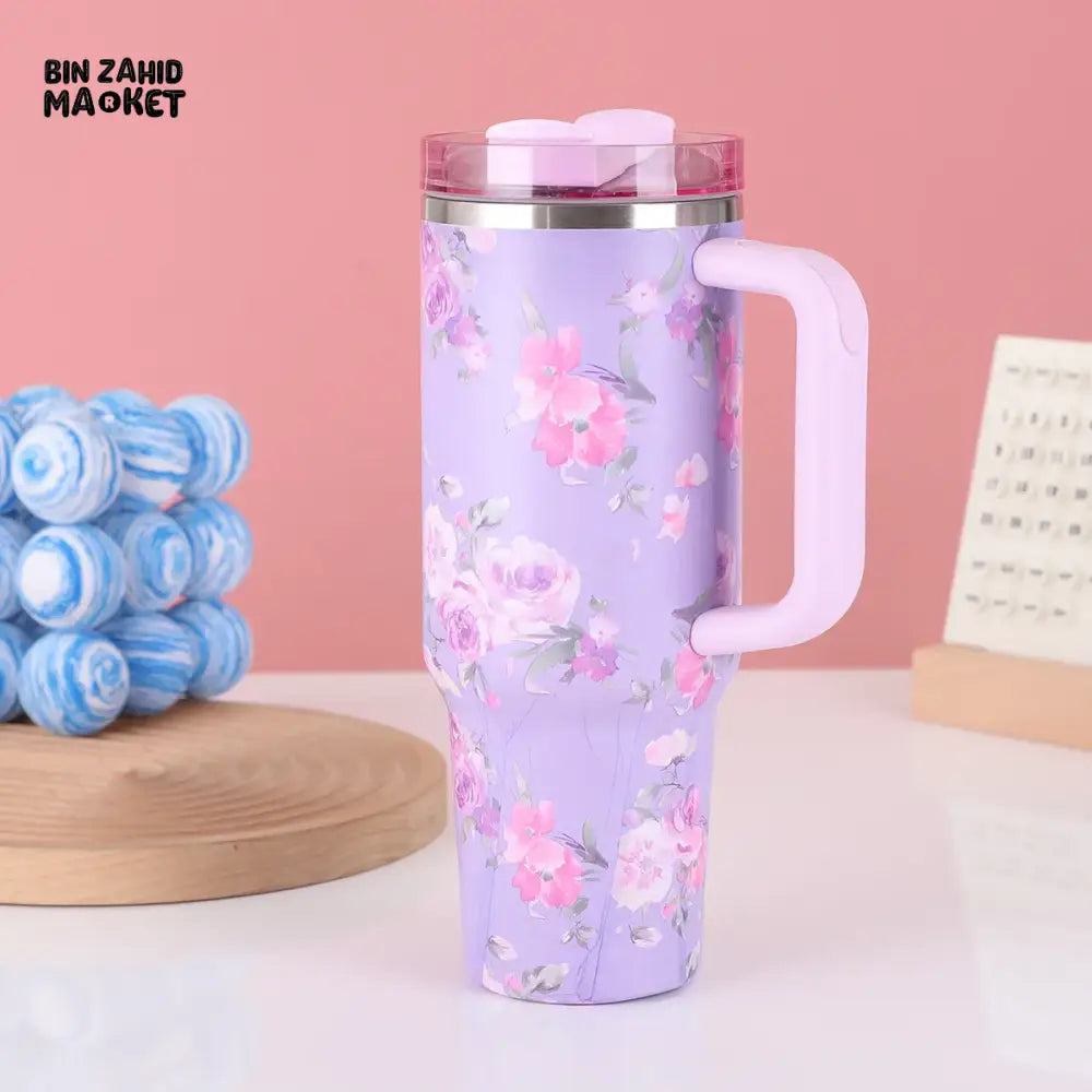 FLORAL LARGE CAPACITY TRAVEL TUMBLER 40 OZ– VACUUM INSULATED 304 STAINLESS STEEL WATER BOTTLE PORTABLE ICE KING CAR CUP FOR HOT & COLD BEVERAGES - PINK