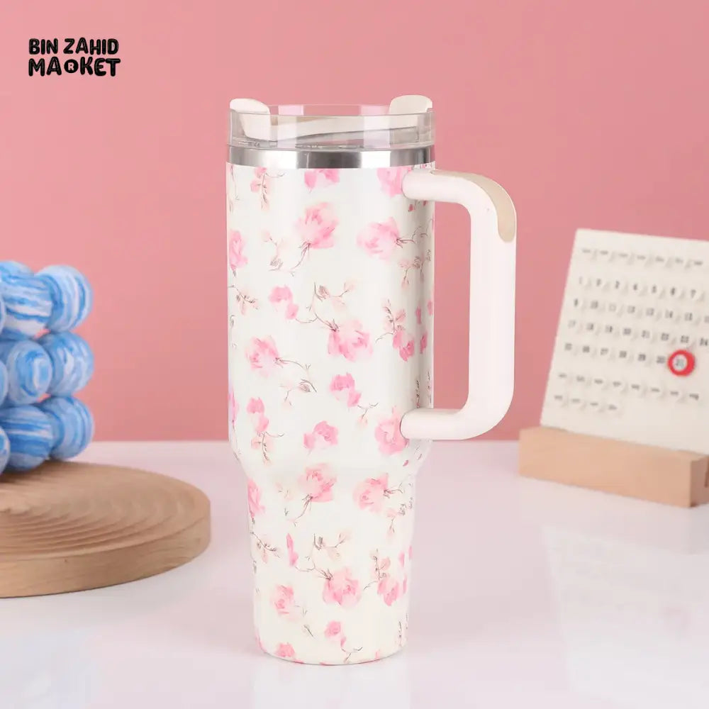 FLORAL LARGE CAPACITY TRAVEL TUMBLER 40 OZ– VACUUM INSULATED 304 STAINLESS STEEL WATER BOTTLE PORTABLE ICE KING CAR CUP FOR HOT & COLD BEVERAGES - WHITE