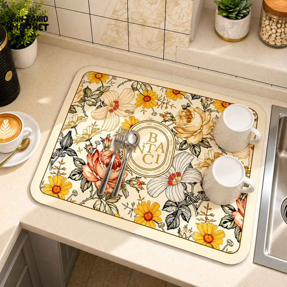 FLORAL PRINT ABSORBENT KITCHEN COUNTERTOP DRYING MAT