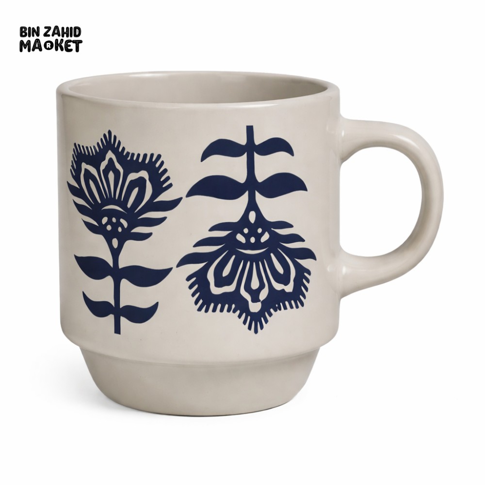 FLORAL PRINT CERAMIC COFFEE MUG – OFF-WHITE CUP WITH BLUE BOTANICAL DESIGN