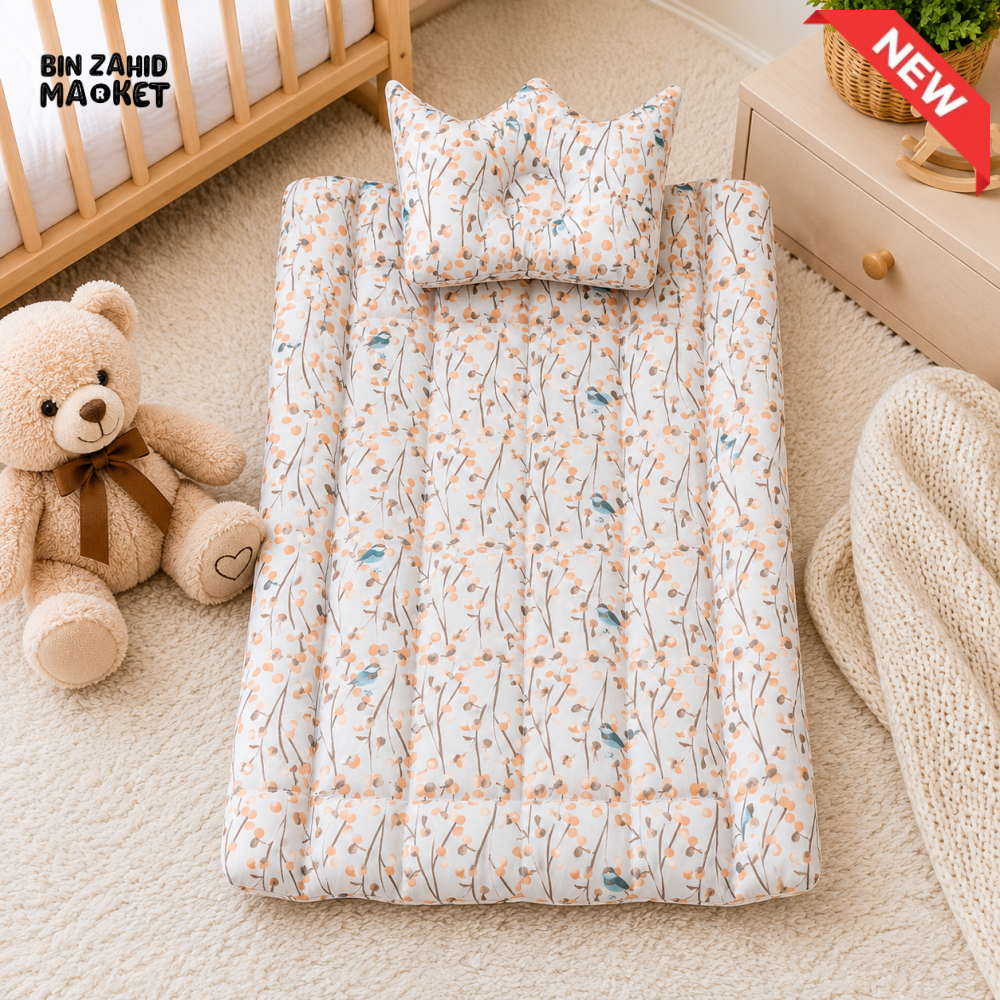 FLORAL PRINT COTTON POLYESTER BABY BEDDING SET WITH CROWN PILLOW