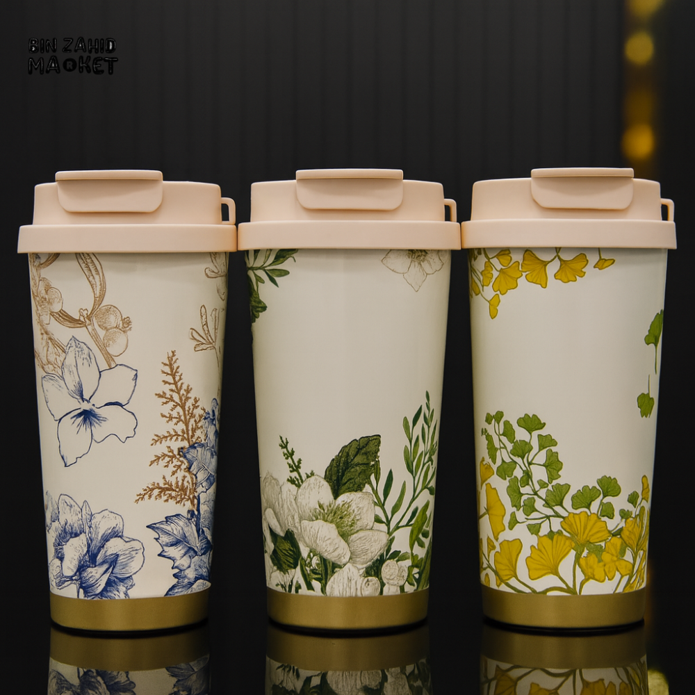 FLORAL PRINT TRAVEL MUG – INSULATED REUSABLE COFFEE TUMBLER WITH LEAK-PROOF LID