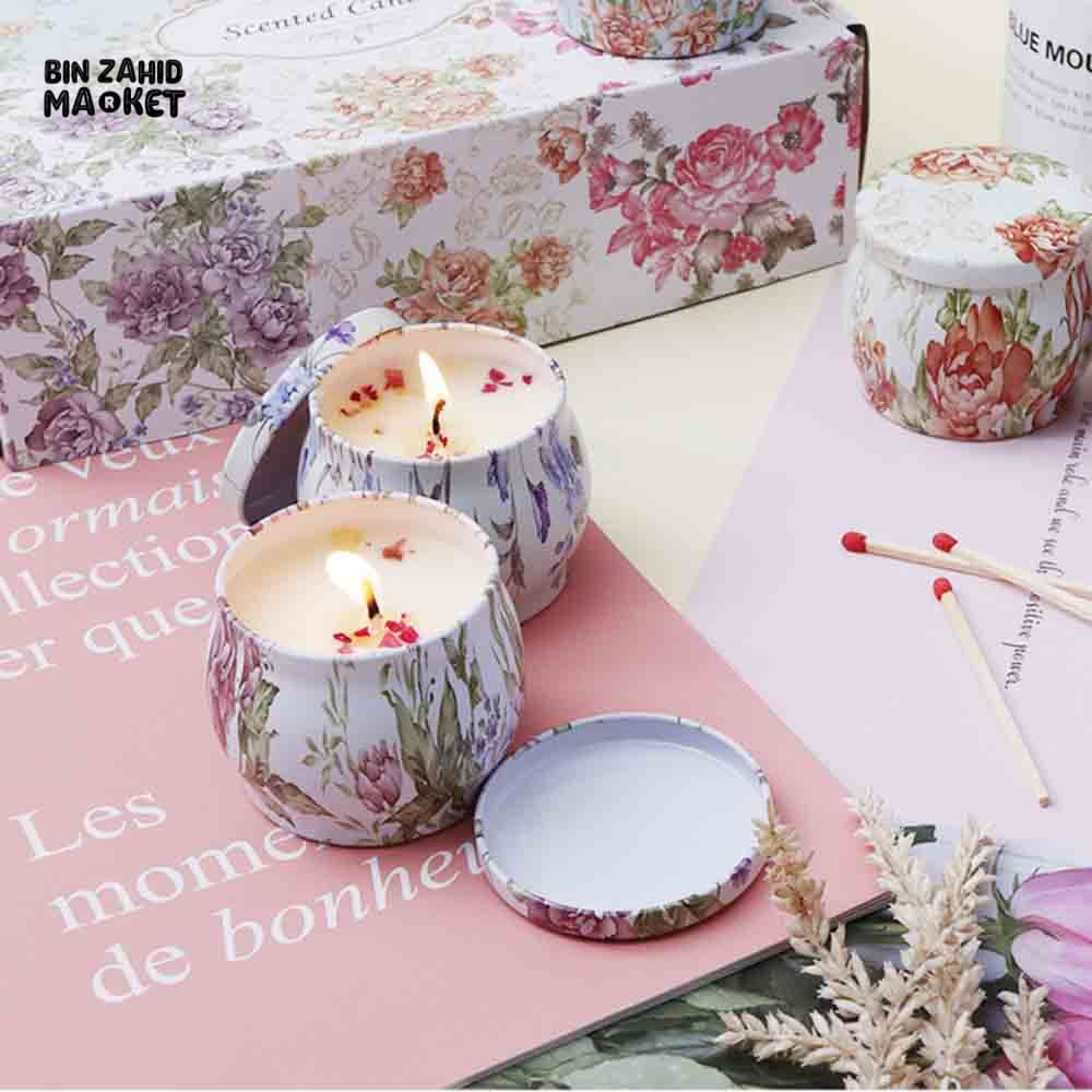 FLORAL SCENTED CANDLE IN TIN JAR WITH LID 12 PIECES BOX – LUXURY HOME FRAGRANCE DECOR