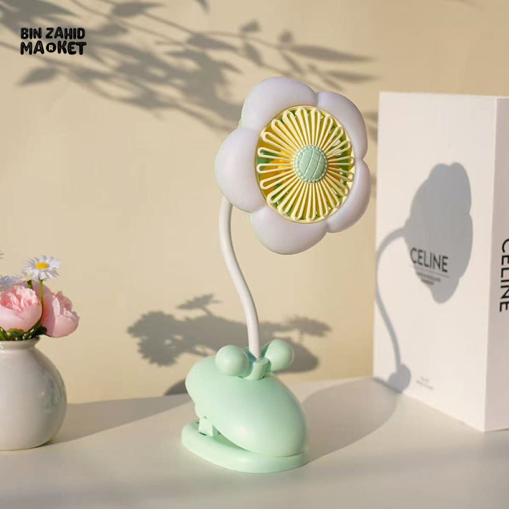 FLOWER CLIP ON MINI FAN WITH NIGHT LIGHT – USB RECHARGEABLE DESK FAN FOR STUDENTS OFFICE & SUMMER USE