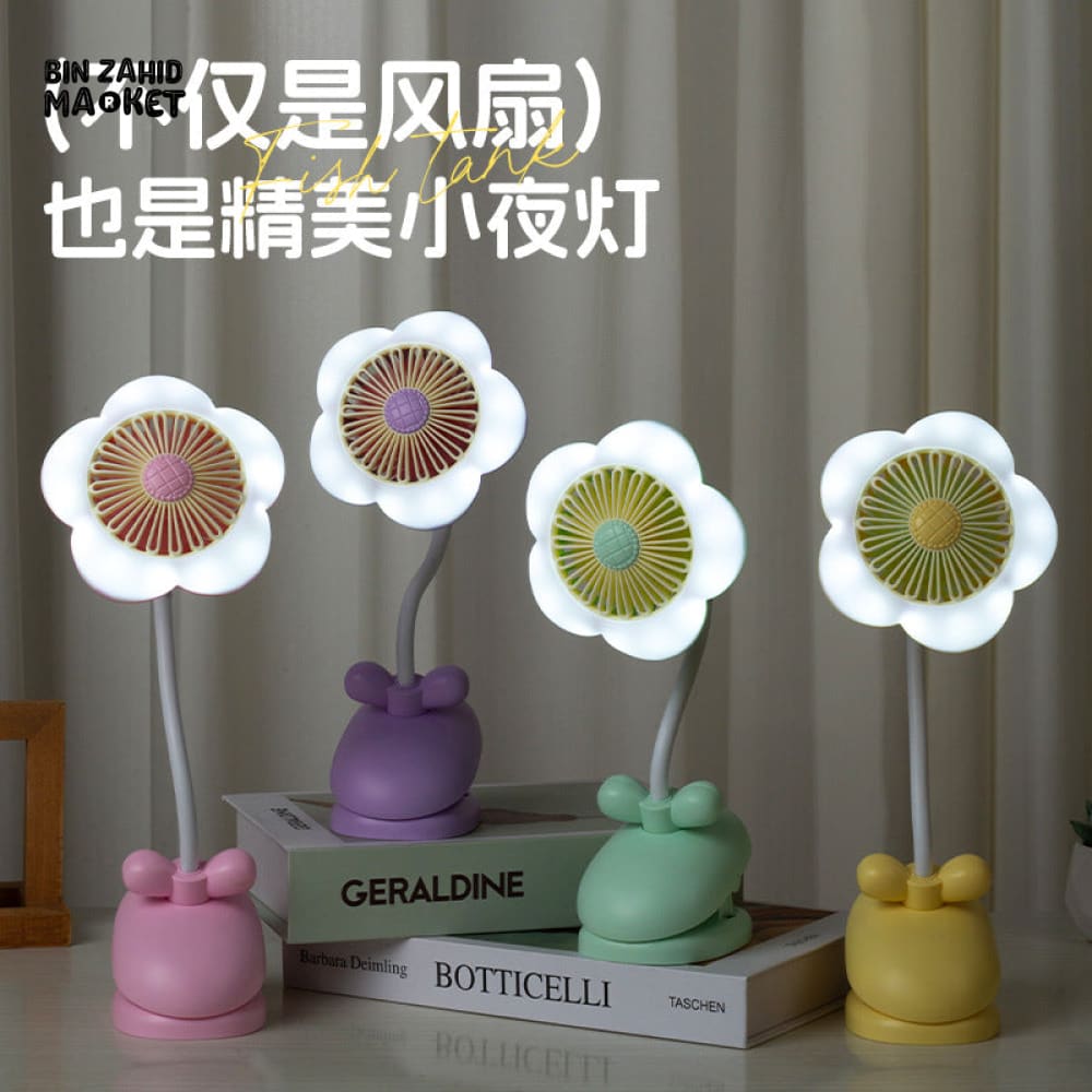 FLOWER CLIP ON MINI FAN WITH NIGHT LIGHT – USB RECHARGEABLE DESK FAN FOR STUDENTS OFFICE & SUMMER USE