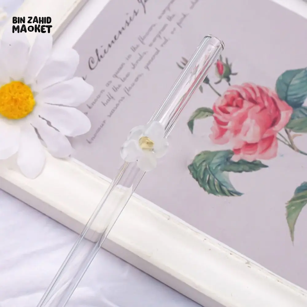 FLOWER GLASS STRAWS 4 PIECES REUSABLE TRANSPARENT STRAIGHT & BEND STRAWS FOR SMOOTHIES & COCKTAILS ECO-FRIENDLY DRINKING STRAW BAR TOOL