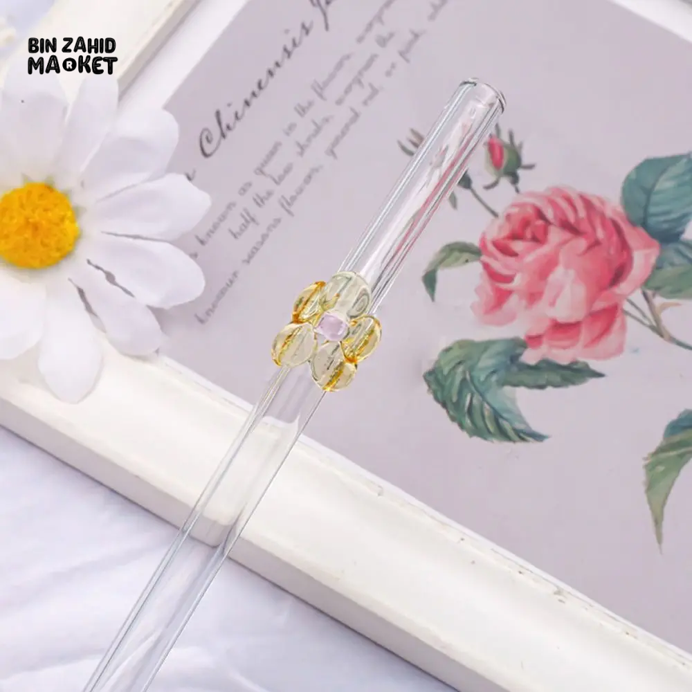 FLOWER GLASS STRAWS 4 PIECES REUSABLE TRANSPARENT STRAIGHT & BEND STRAWS FOR SMOOTHIES & COCKTAILS ECO-FRIENDLY DRINKING STRAW BAR TOOL
