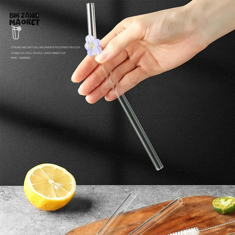 FLOWER GLASS STRAWS 4 PIECES REUSABLE TRANSPARENT STRAIGHT & BEND STRAWS FOR SMOOTHIES & COCKTAILS ECO-FRIENDLY DRINKING STRAW BAR TOOL