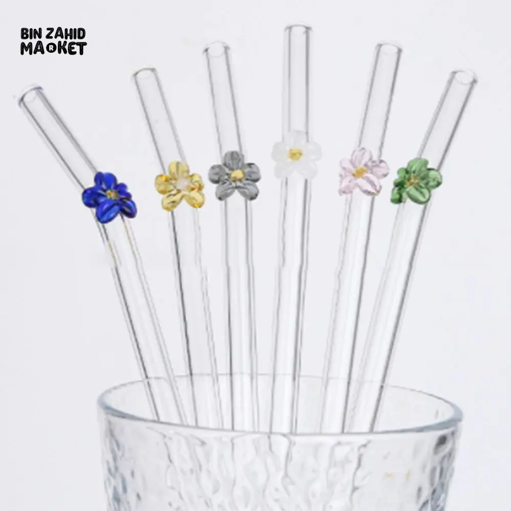 FLOWER GLASS STRAWS 4 PIECES REUSABLE TRANSPARENT STRAIGHT & BEND STRAWS FOR SMOOTHIES & COCKTAILS ECO-FRIENDLY DRINKING STRAW BAR TOOL