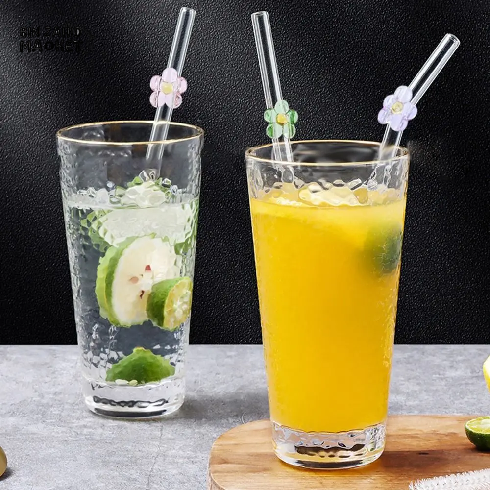 FLOWER GLASS STRAWS 4 PIECES REUSABLE TRANSPARENT STRAIGHT & BEND STRAWS FOR SMOOTHIES & COCKTAILS ECO-FRIENDLY DRINKING STRAW BAR TOOL