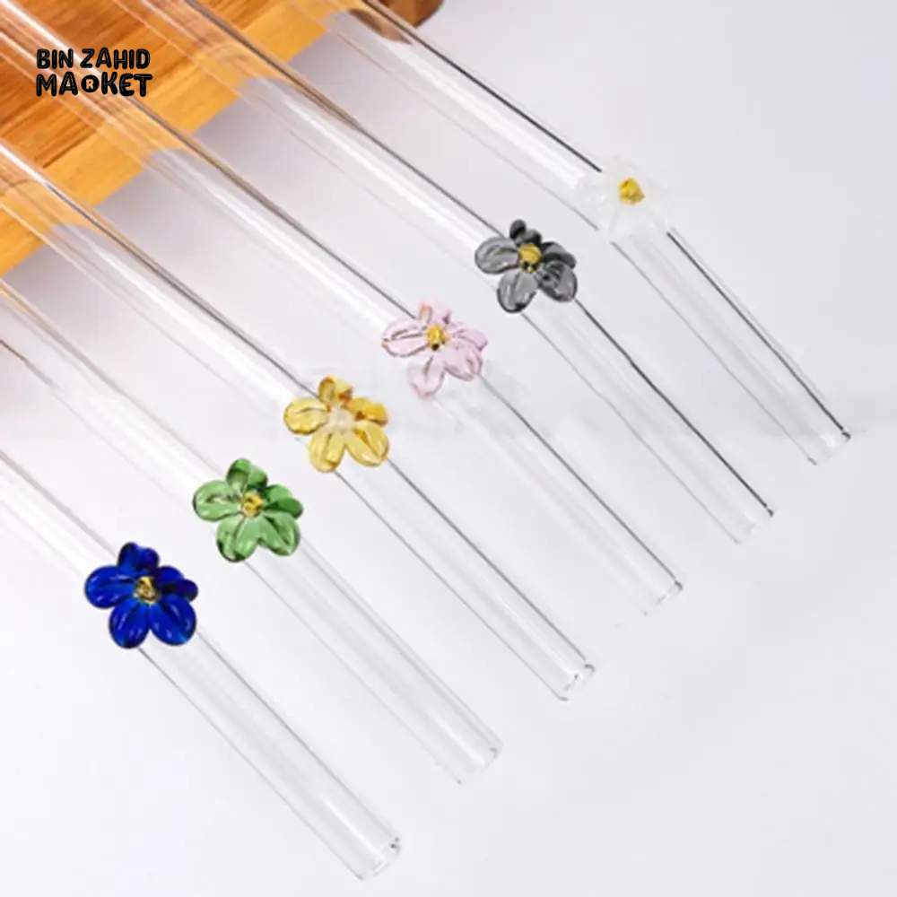 FLOWER GLASS STRAWS 4 PIECES REUSABLE TRANSPARENT STRAIGHT & BEND STRAWS FOR SMOOTHIES & COCKTAILS ECO-FRIENDLY DRINKING STRAW BAR TOOL