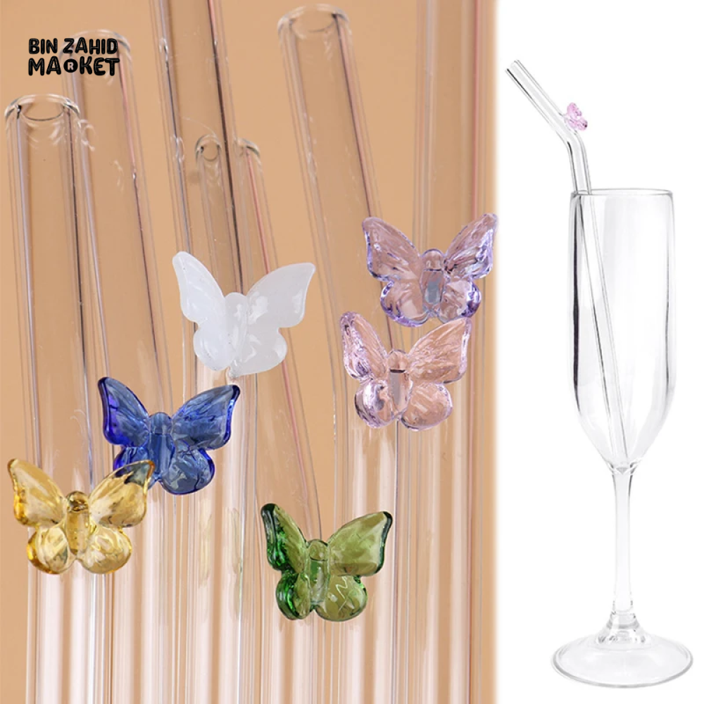 FLOWER GLASS STRAWS 4 PIECES REUSABLE TRANSPARENT STRAIGHT & BEND STRAWS FOR SMOOTHIES & COCKTAILS ECO-FRIENDLY DRINKING STRAW BAR TOOL