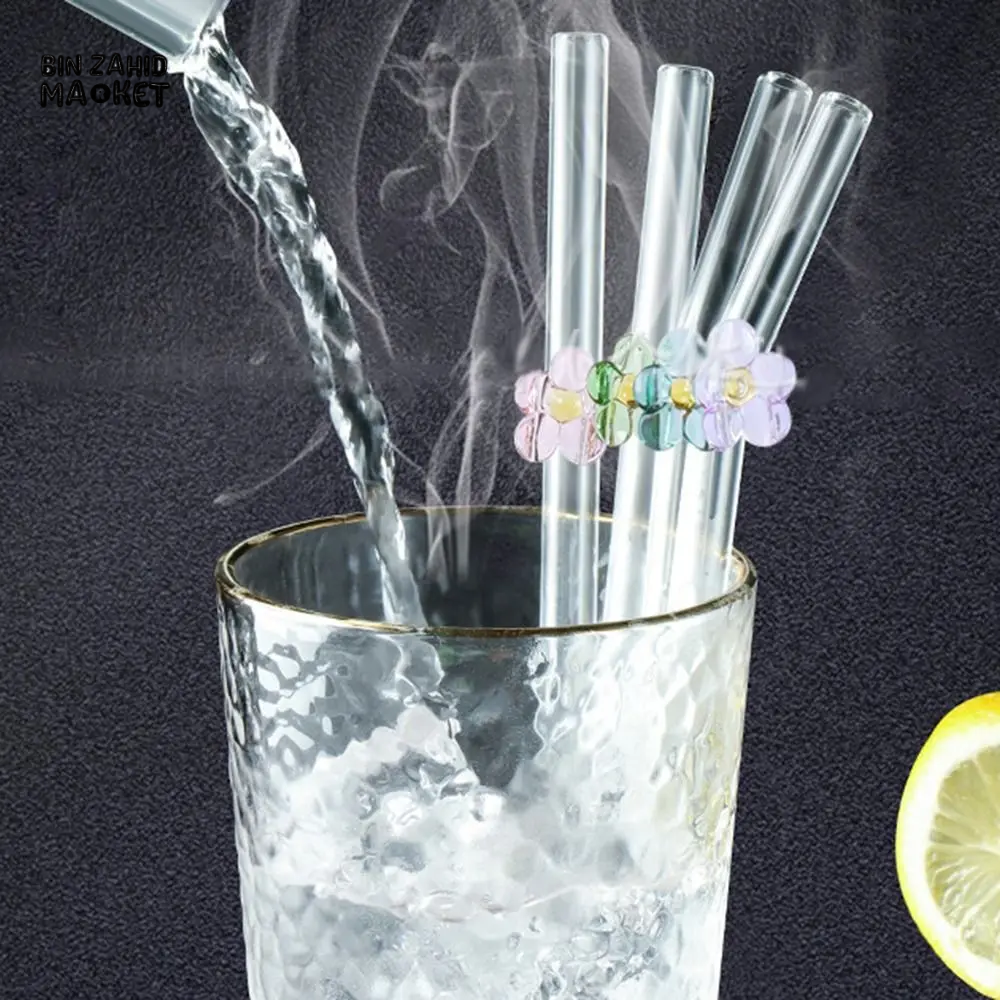 FLOWER GLASS STRAWS 4 PIECES REUSABLE TRANSPARENT STRAIGHT & BEND STRAWS FOR SMOOTHIES & COCKTAILS ECO-FRIENDLY DRINKING STRAW BAR TOOL
