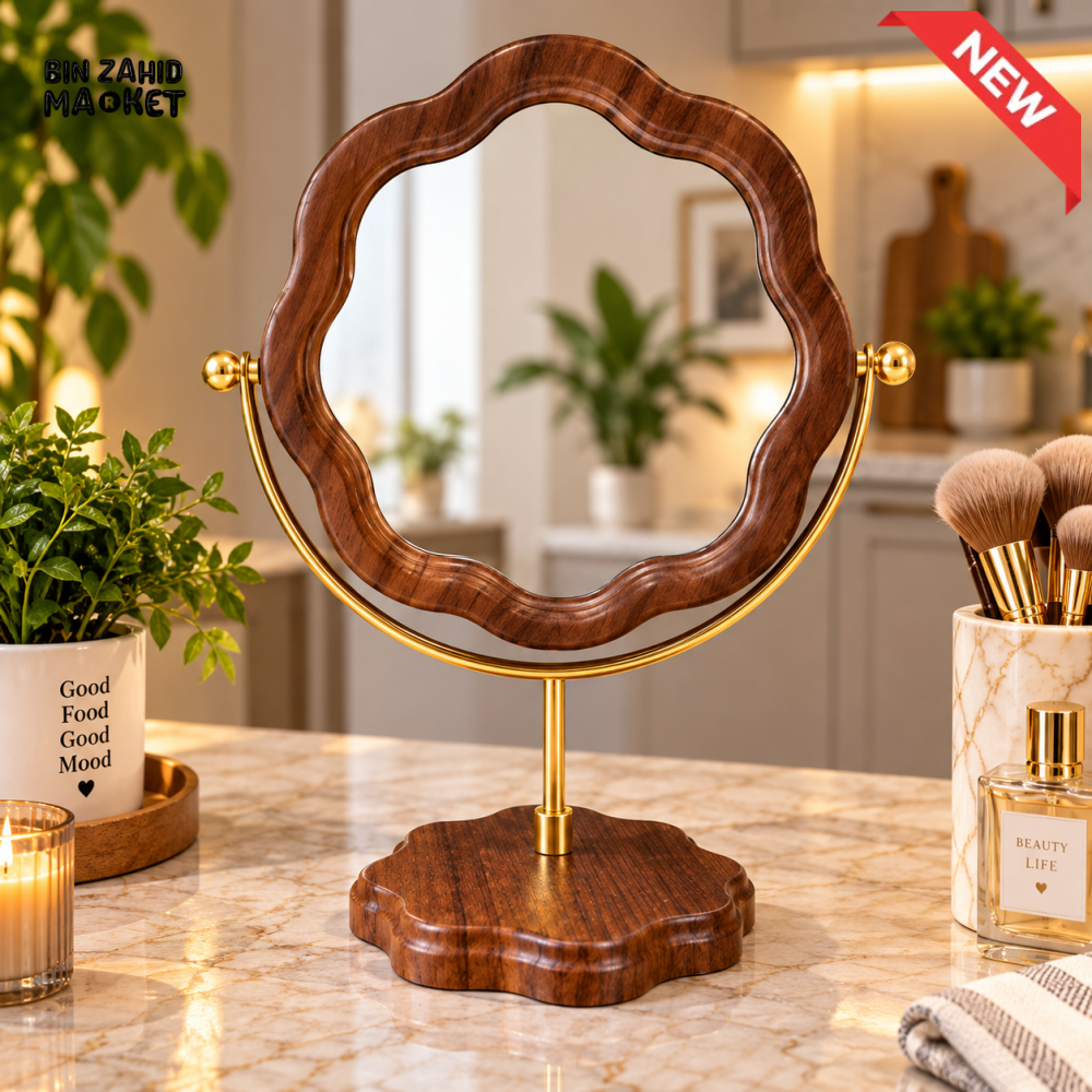 FLOWER SHAPED WOODEN TABLETOP VANITY MIRROR WITH GOLD STAND
