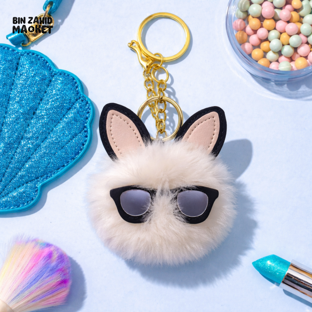 FLUFFY BUNNY POM POM KEYCHAIN WITH SUNGLASSES – CUTE FUR BALL BAG CHARM & CAR KEYRING FOR GIRLS PURSE BACKPACK & GIFT