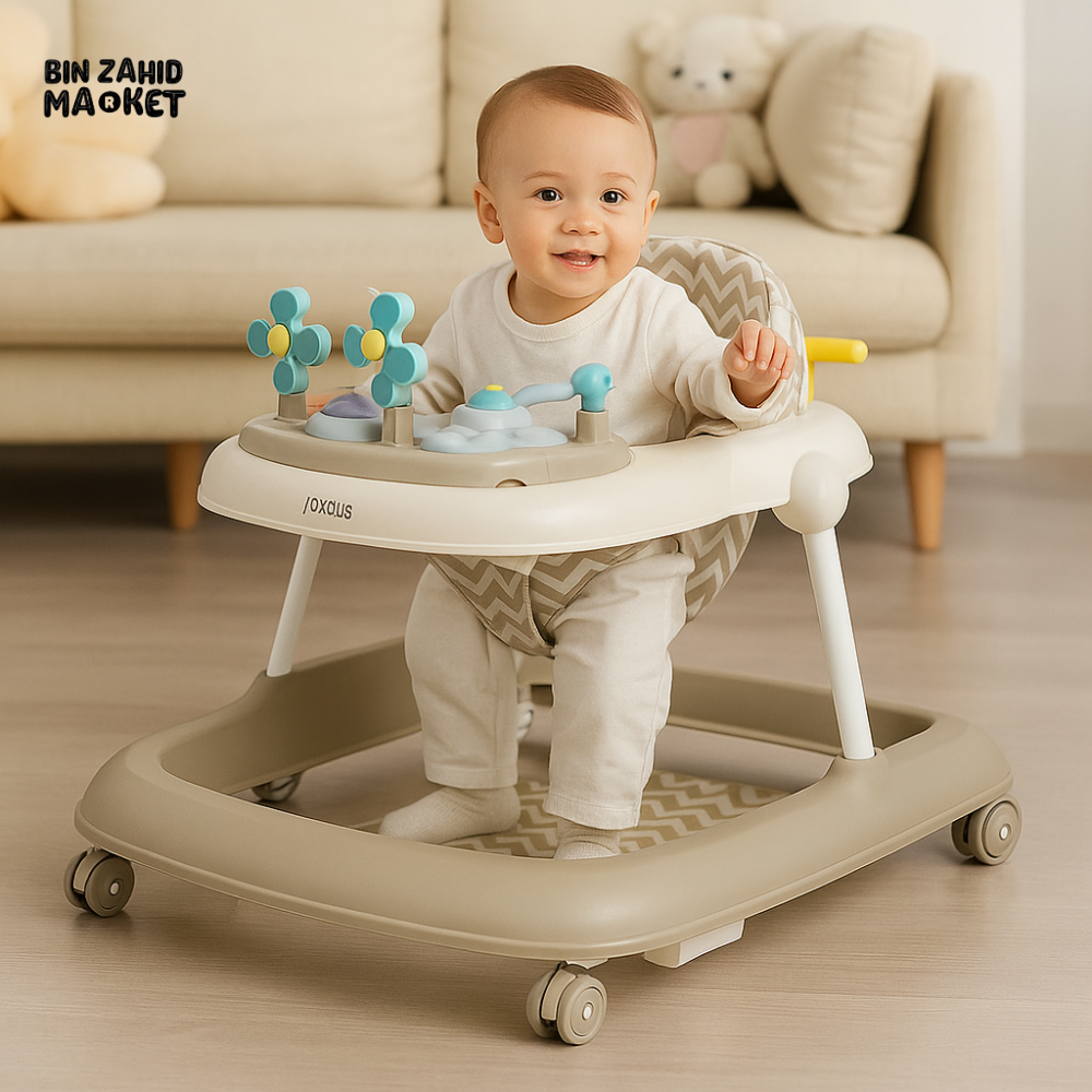 FOLDABLE BABY WALKER – ADJUSTABLE HEIGHT WITH TOYS, PUSH HANDLE & MUSICAL PLAY TRAY FOR EARLY LEARNING - BEIGE