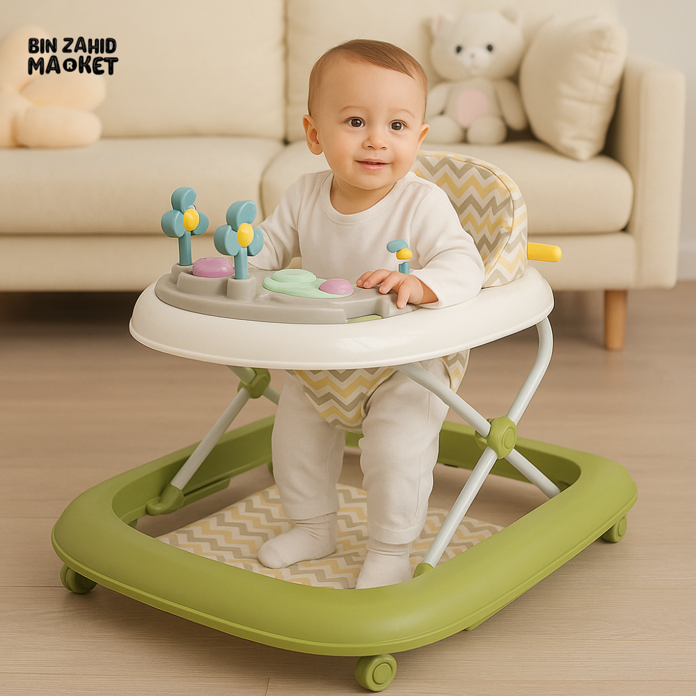 FOLDABLE BABY WALKER – ADJUSTABLE HEIGHT WITH TOYS, PUSH HANDLE & MUSICAL PLAY TRAY FOR EARLY LEARNING - GREEN