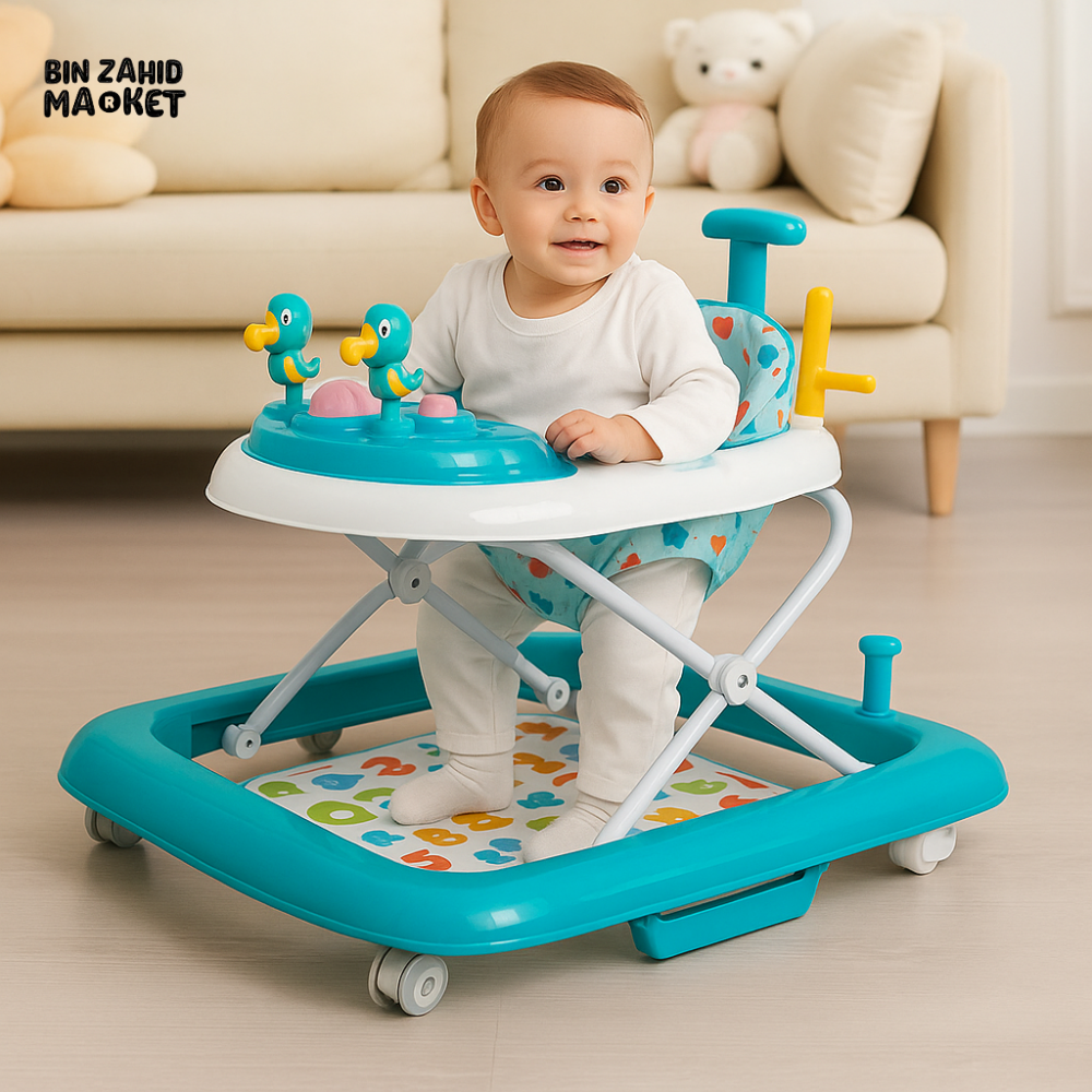FOLDABLE BABY WALKER – ADJUSTABLE HEIGHT WITH TOYS, PUSH HANDLE & MUSICAL PLAY TRAY FOR EARLY LEARNING - SEA GREEN