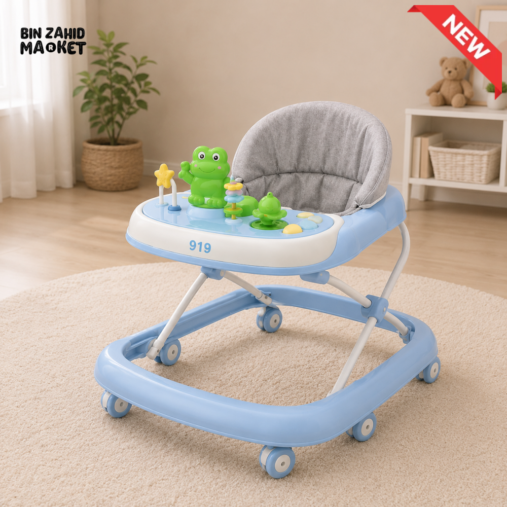 FOLDABLE BABY WALKER WITH ACTIVITY TRAY - BLUE